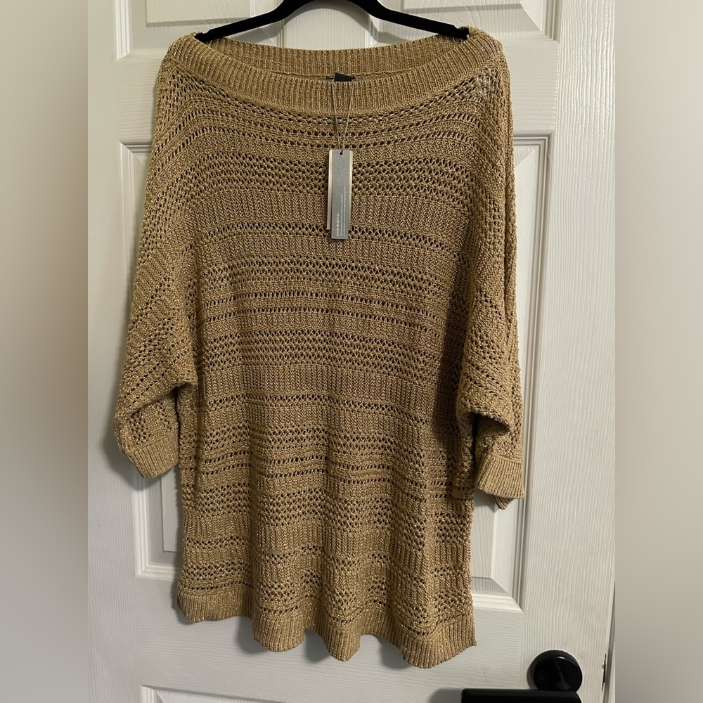NEW~Chico's TRAVELERS~~metallic GOLD knit SWEATER tunic TOP~3/4 slv~SZ 3~XL